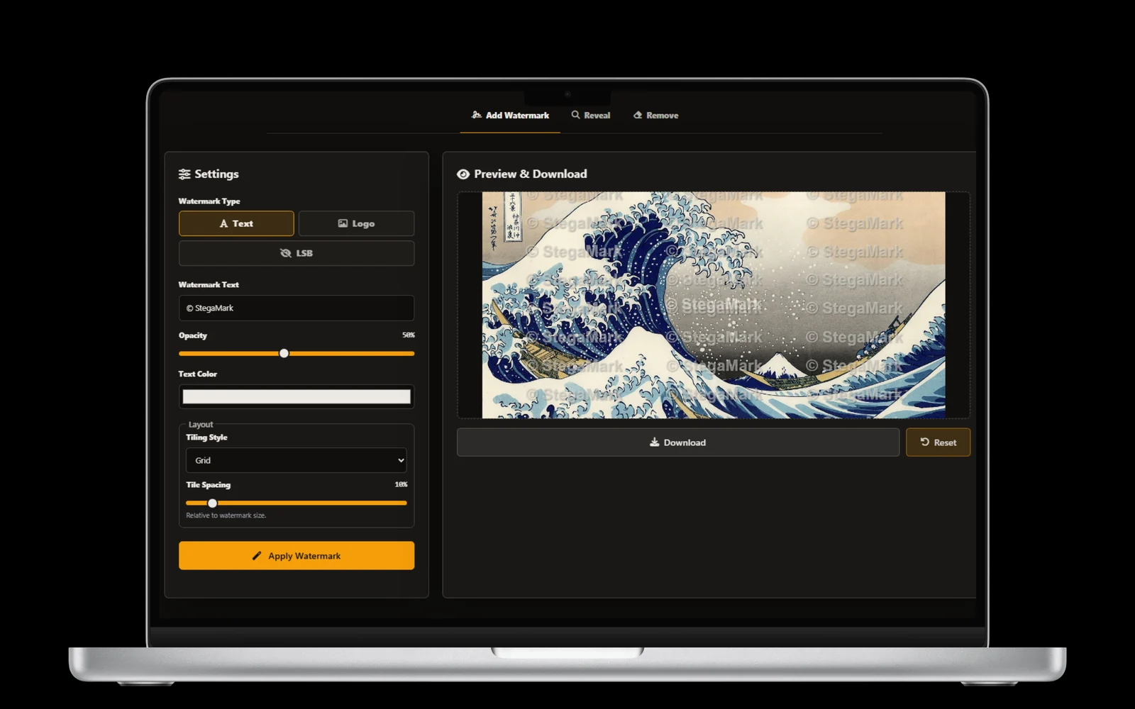 StegaMark on a laptop: the watermark studio